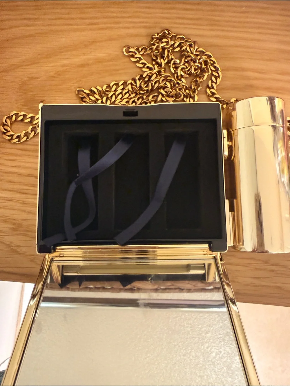 Dior Metallic Gold Box Clutch with Cylindrical Accent and Chain